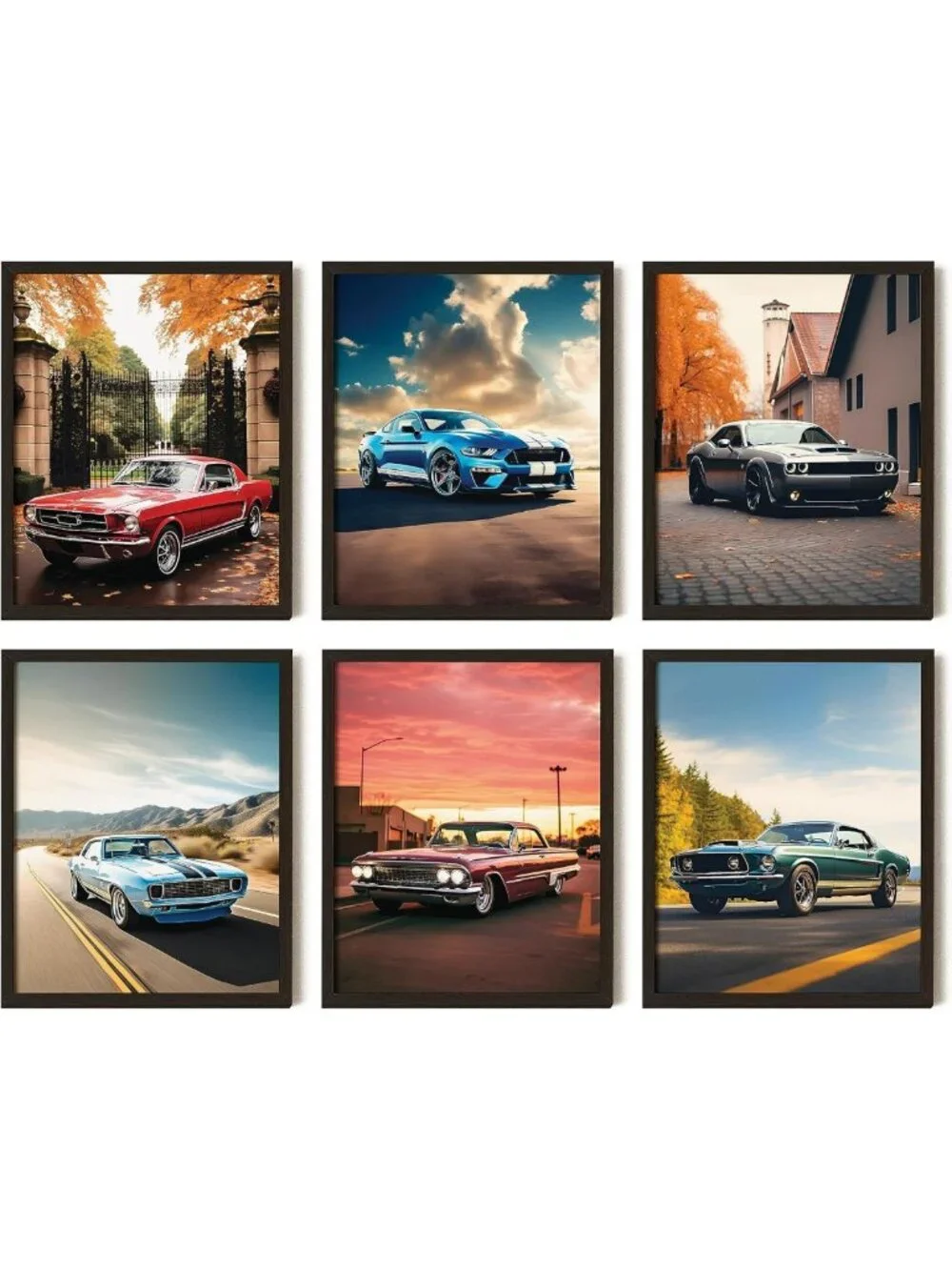 Vintage Muscle Car Wall Art Set | 6 Retro Race Car Prints 8x10 Unframed Decor